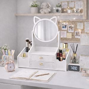 Multifunctional Luxury White Mirror Nordic Cosmetic Storage <b>Box</b> <b>Makeup</b> Organizer with Cat Ears with Mirror - Product Image 4