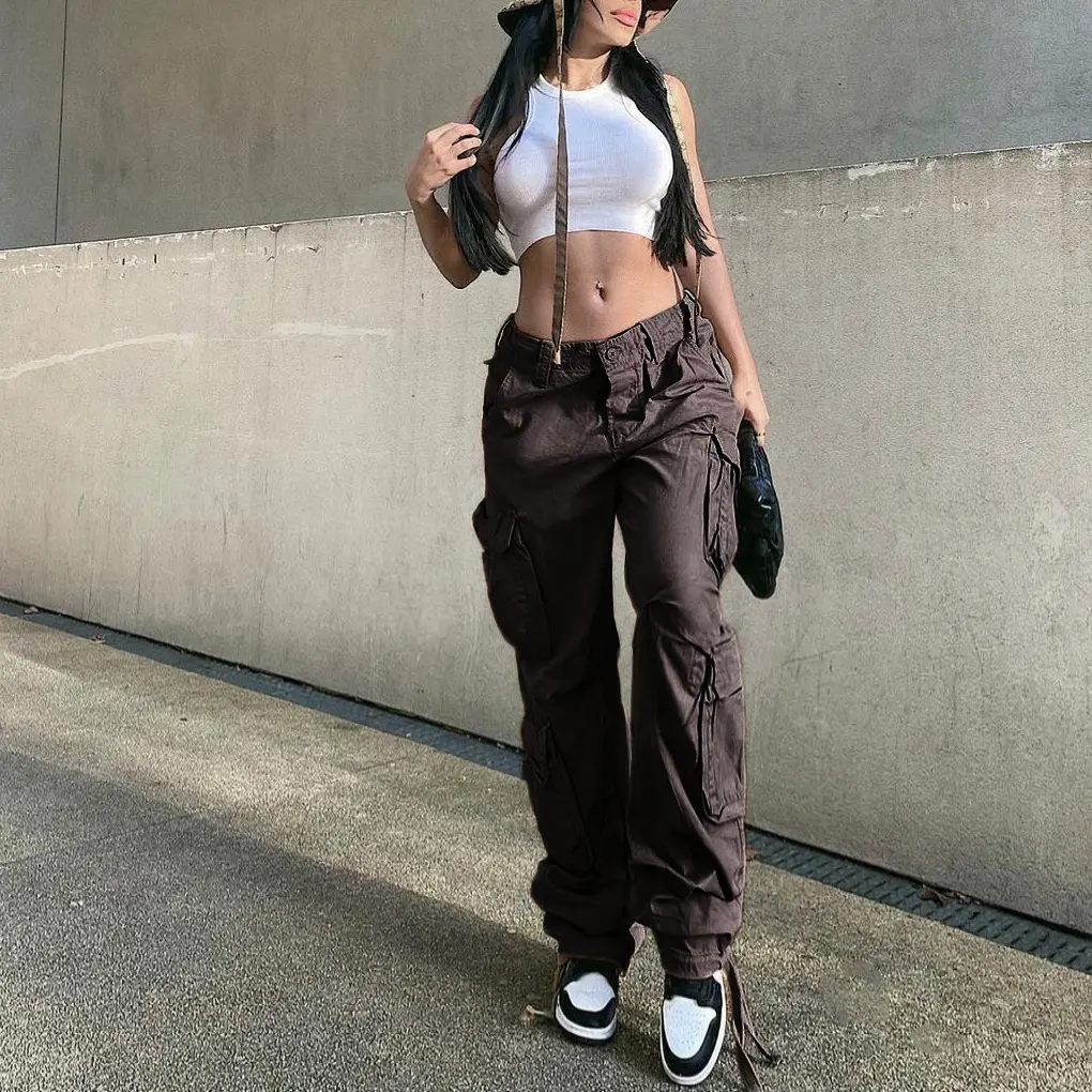 Women Streetwear Pockets Wide Leg Cargo Pants High Waist versatile Straight Denim Trousers 2022 Brown Vintage Baggy Jeans