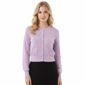 Cardigan en tricot pour femme personnalisé à faible MOQ <span class=keywords><strong>avec</strong></span> boutons en <span class=keywords><strong>perles</strong></span>, manches longues, col rond et détails ajourés - Product Image 1