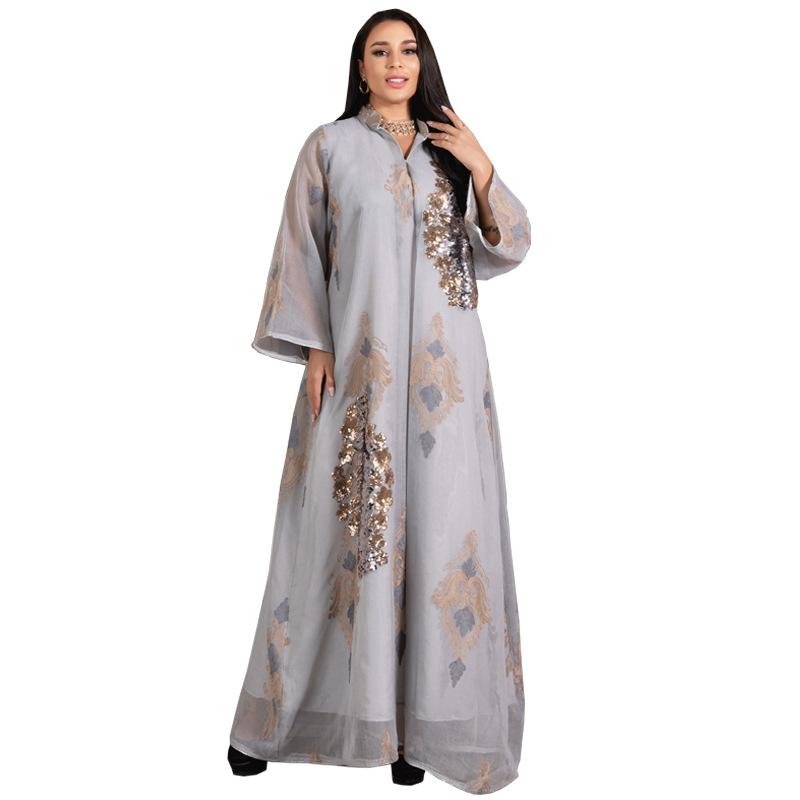 Women's Muslim Evening Dress Beaded Embroidered Mesh Women's Continued Long Sleeve Dress