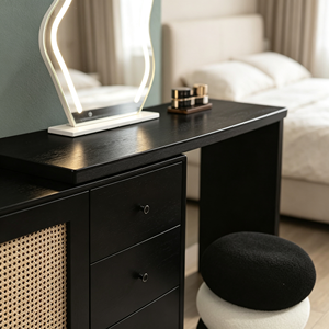 Modern Black Makeup <b>Vanity</b> With Rattan Cabinet Drawers Lighted <b>Mirror</b> And Stool Bedroom <b>Dressing</b> <b>Table</b> - Product Image 2