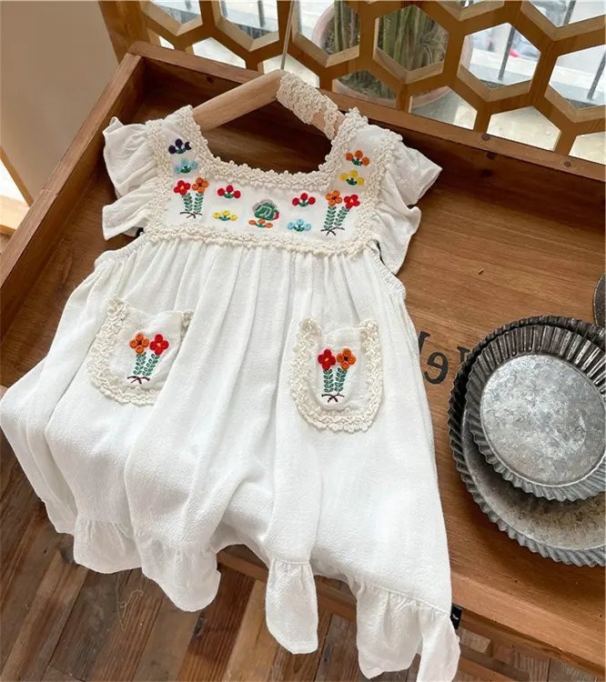 Kids Wear Dress Summer 100% Bamboo Cotton Flower Embroidery Lace Flying Sleeve Princess Toddler Girls Dress