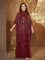 Robe de soirée élégante en satin à sequins et patchwork, col rond, manches longues, taille plus, robe de soirée maxi unie, robe de soirée musulmane modeste