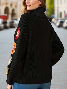 Suéter Feminino de Tricô Oversized com Gola Alta e Mangas Crochê Granny Square Multicolorido, Estilo Boho Vintage Casual - Product Image 6