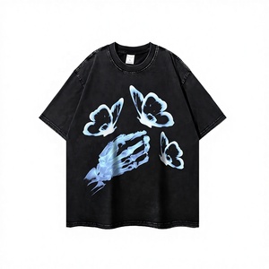 Camiseta de Manga Corta para Hombre, Estilo Americano Vintage, Lavado Desgastado, Impresión DTG de Mariposas, Transpirable, de Algodón que Absorbe la Humedad - Product Image 2