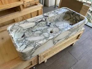 Lavabo de Mármol Calacatta Verde Hecho a Mano de Una Pieza para Baño, Encimera Personalizada, Duradero, Pulido/Acristalado - Product Image 2