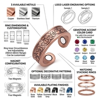 Bague ouverte ajustable en cuivre pur à 99,9 %, motif crâne vintage, plaqué antique, avec 2 aimants néodyme, gravable au laser sur mesure, thérapeutique