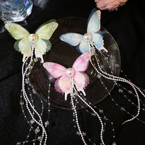 Fashionable Sweet Girl Fabric Hair Accessories Mesh Butterfly Pearl Rice Bead Tassel Hairpin Duckbill <b>Clip</b> Carton Packaging - Product Image 1