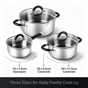 Ensemble de casseroles en acier inoxydable de qualité supérieure, avec couvercles en verre, poignées en silicone, compatibles induction et gaz, lavables au lave-vaisselle - Product Image 6