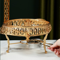 Réchaud de buffet rond en acier inoxydable 3.0L avec brûleur à alcool en verre à motif dentelle dorée, couvercle de chafing dish de luxe léger pour hôtel