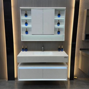 Meuble-lavabo mural de luxe blanc texturé avec <span class=keywords><strong>miroir</strong></span> LED éclairé et armoire de rangement pour hôtel et complexe hôtelier - Product Image 2