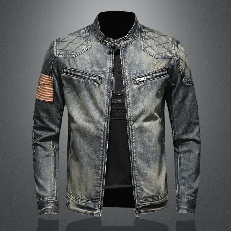 Wholesale Trendy Spring Autumn Denim Tops Men's Personality Stand Collar Zipper Men Jean Jacket