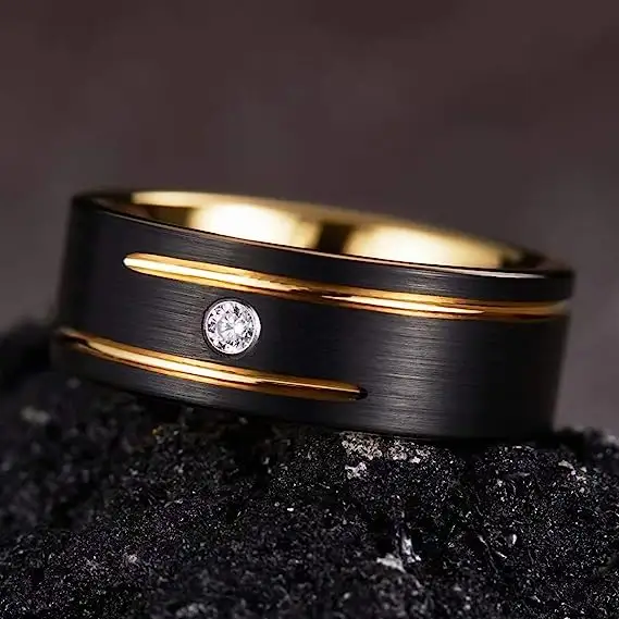 Cincin Pernikahan pria hitam tungsten dan emas, cincin gaya mewah berlian hitam