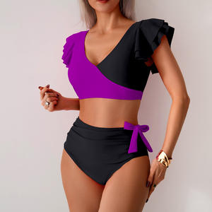 Traje de baño bikini de dos piezas para mujer, cintura alta, cuello en V profundo, top asimétrico con volantes y lazo lateral para natación y deportes acuáticos - Product Image 4