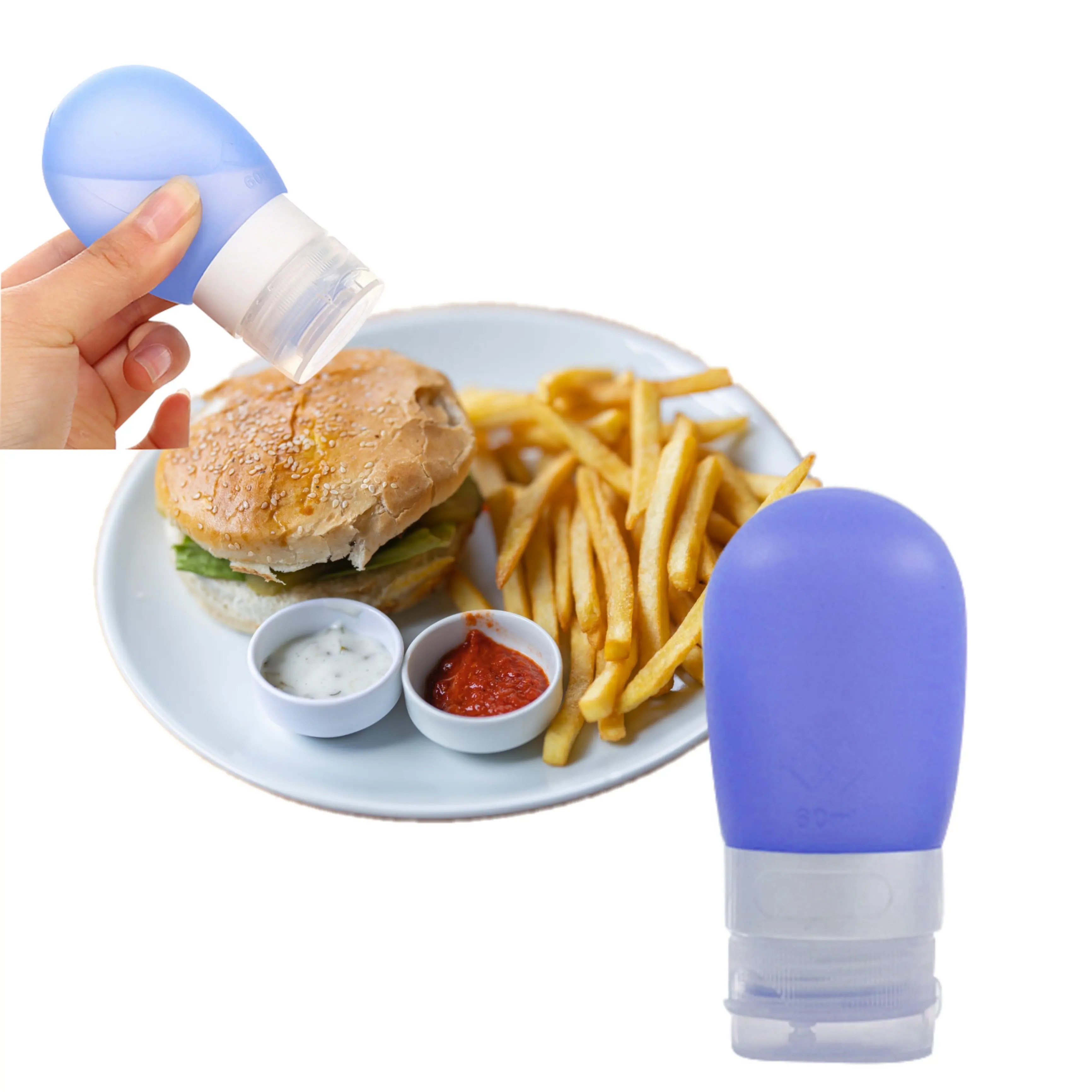 Tragbare Mini-Silikon-Saladdressingflasche 60 ml-80 ml Reisetaschen mit Siegel und Logodruck zum Sauce-Quetschen