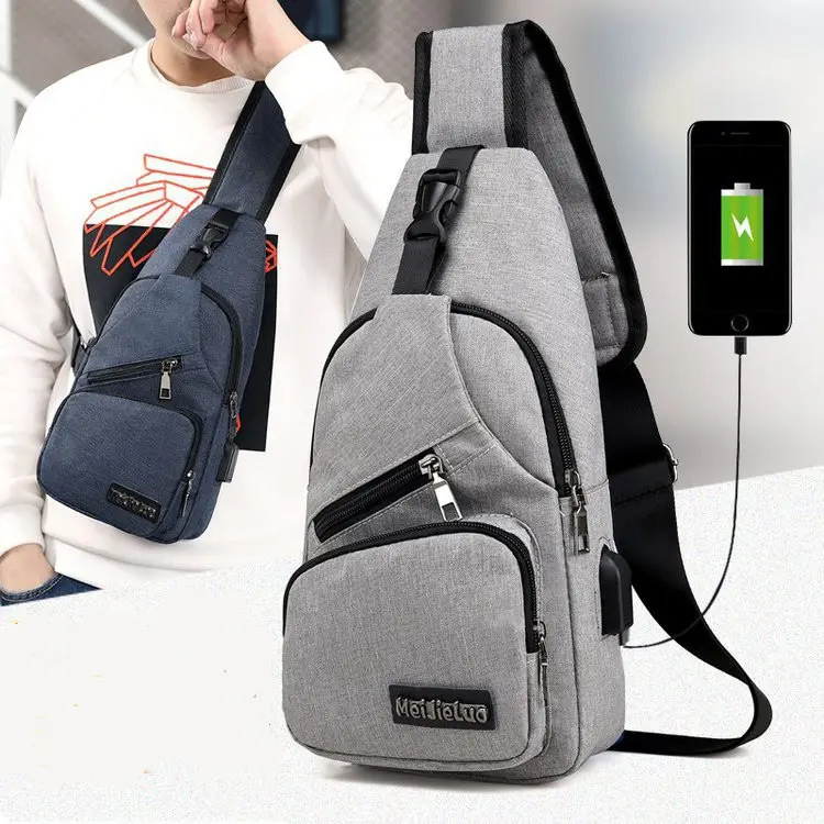 2022 new men's usb charging and earphone hook shoulder bag casual canvas men's chest bag