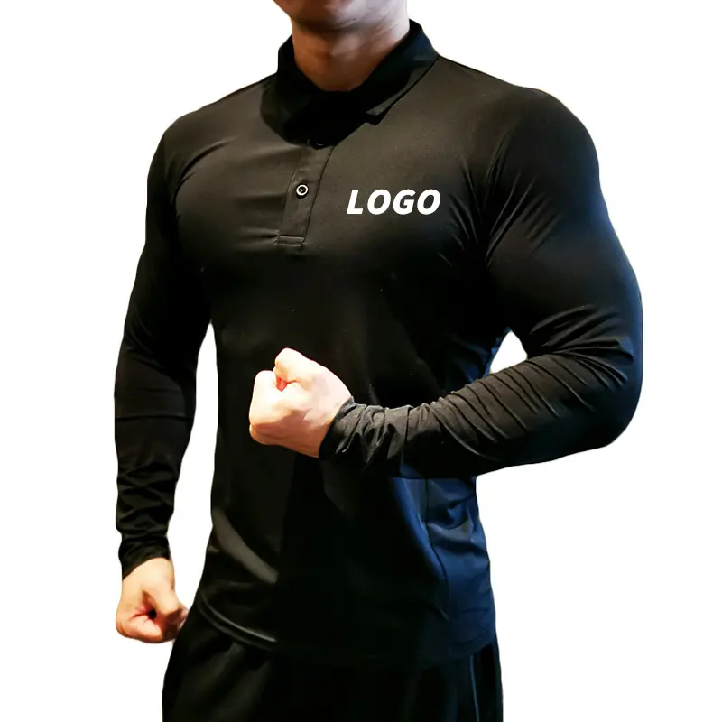 Custom Logo Men Fit Lapel collar with buttons Golf Polo Shirts Polyester Running Fitness Training Long Sleeve Polo Shirts