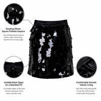 Jupe mini droite noire de luxe pour femme, taille naturelle, avec paillettes carrées sur toute la surface, fermeture éclair invisible au dos, doublée, idéale pour les soirées.