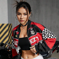 Jaket pengendara sepeda kustom model wanita, atasan kerah berdiri sambungan bercetak bordir pendek jaket wanita