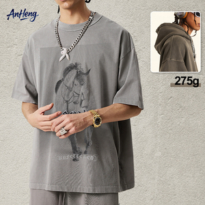 Camiseta de hombre 275G de algodón lavado de alto gramaje con estampado bordado vintage estilo western y gráfico de caballo, oversize, estilo streetwear, proveedor - Product Image 1