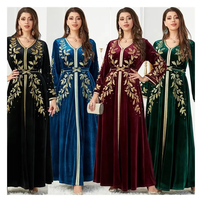 新着ファッション刺繍ビーズベロアアバヤ女性イスラム教徒のドレス