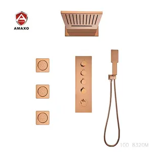 AMAXO高端设计4功能玫瑰金浴缸淋浴龙头全黄铜浴室隐藏式淋浴