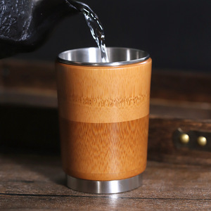 Gobelet à eau en bambou avec doublure intérieure en acier inoxydable, isolation thermique, pour le bureau et les voyages, avec couvercle, gobelet droit, 12-24 heures - Product Image 3