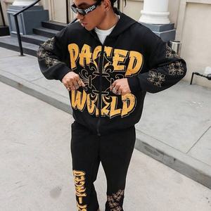 Conjunto de Sudadera con Capucha y Pantalones de Chándal para Hombre, Estilo Oversize, con Estampado Gráfico Cruzado, de 2 Piezas, Casual, con Cremallera, de Fabricante de Ropa Urbana - Product Image 2