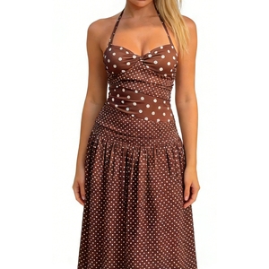 Women's Polka Dot <b>Print</b> Halter Neck Maxi Dress - Sleeveless Ruched Waist Casual Dresses Fashion - Product Image 6