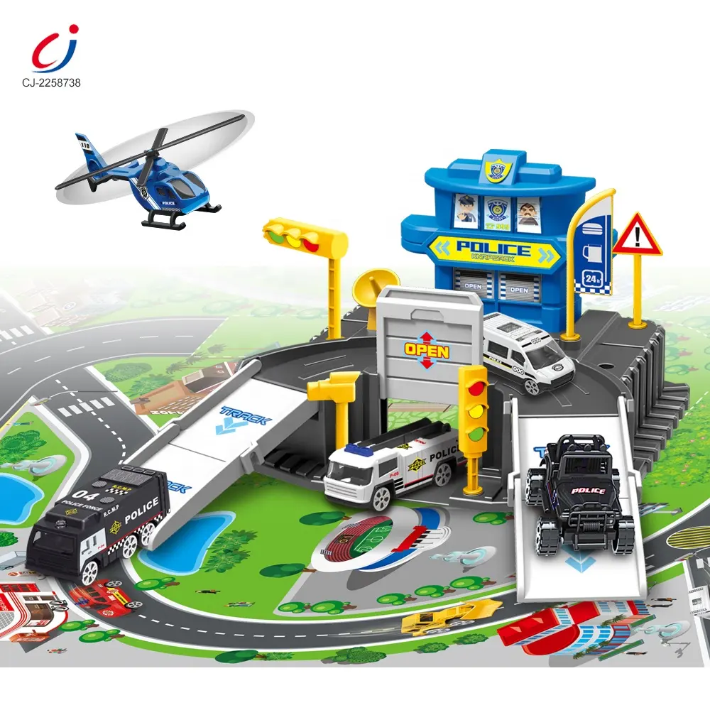 Chengji Kids Game Play Set Legering Auto Vliegtuig Model Garage Speelgoed Slot Voertuig Politiebureau Parkeerplaats Speelgoed