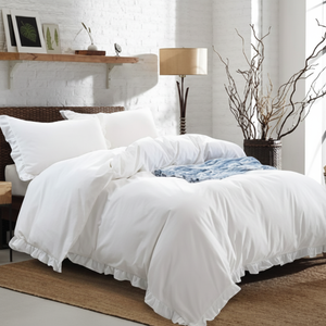 Élégant ensemble de housse de couette en lin ivoire 3 pièces couleur unie avec design à volants lin respirant et doux - Product Image 1