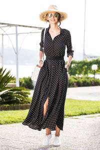 Miglior <span class=keywords><strong>Abito</strong></span> Lungo Casual Primaverile Estivo a <span class=keywords><strong>Pois</strong></span> con Bottoni, Vestito Lungo da Donna con <span class=keywords><strong>Maniche</strong></span> <span class=keywords><strong>Lunghe</strong></span> e Spacco Alto - Product Image 3