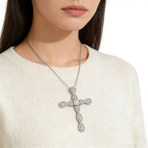 CUSTOM SILVER 10K/14K/18K GOLD PLATED LAB GROWN CVD DIAMOND CLASSIC ENGAGEMENT GIFT SWEATER <b>CHAIN</b> NECKLACE <b>CROSS</b> PENDANT - Product Image 5