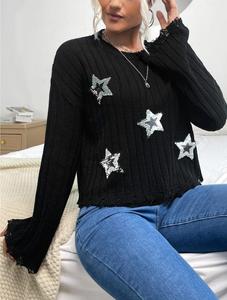 Nuovo Design maglioni di alta moda con rifiniture in rilievo con scollo rotondo a spalla nero maglione con stelle di <span class=keywords><strong>paillettes</strong></span> per donna - Product Image 4