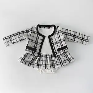 Spring Dress Romper Toddler Kids Suit 0-2 Years Girl Baby Princess Climb Clothes with Coat for Newborn Plaid 2 Pcs Outfit