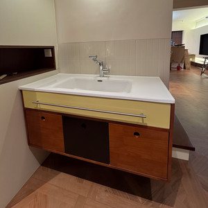 Medieval style bathroom cabinet ceramic basin contrasting color solid wood painted sliding door wash - Product Image 3