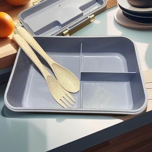 Food Grade 1000ml Wheat Straw Bento Box Leak Proof Dual Tier Portable Outdoor Use Food <b>Container</b> with Soup Cup and Spoon - Product Image 4