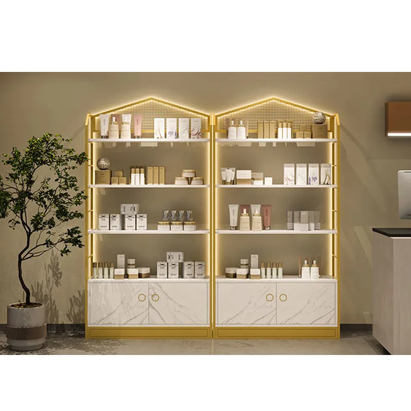 Customized shop gold book display storage rack shoes handbag cosmetics book shelf showcase stand cabinet shelves