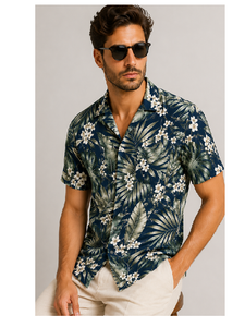 Camisa de Playa Personalizada para Hombre con Estampado Tropical Digital, Manga Corta, Cuello Regular, Ropa Cómoda para Vacaciones de Verano - Product Image 1