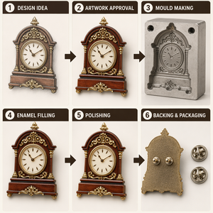 Broche en émail personnalisée, style horloge de cheminée victorienne vintage, rétro steampunk, en métal, bijou, souvenir, cadeau, vente en gros, OEM, ODM - Product Image 2