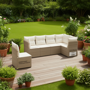 Conjunto de Sofá de Jardín de Ratán Sintético Beige con Cojines de Espuma de Alta Densidad, Muebles de Exterior de Diseño Contemporáneo - Product Image 2