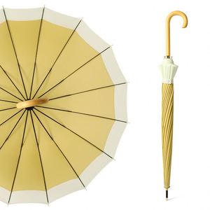 Japanese Korean Style Long <b>Umbrella</b> 16-Bones <b>Large</b> Straight Rod Wooden Curved Handle Spliced Design for Sun - Product Image 2