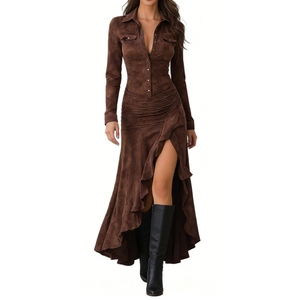 Vestido Camisero para Mujer - Cierre de Botones, Fruncido, Volantes, Corte Asimétrico, Maxi, Ropa de Mujer, Vestidos de Moda - Product Image 2