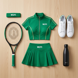 Ensemble de tennis 3 pièces tendance pour femme avec logo personnalisé WUYI : veste courte zippée à manches courtes, jupe plissée et bandeau assorti - Product Image 4