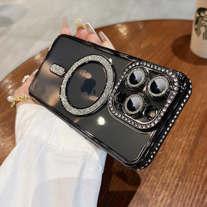 Nouveau étui de téléphone transparent magnétique de galvanoplastie pour <span class=keywords><strong>iPhone</strong></span> 11 <span class=keywords><strong>12</strong></span> 13 14 15 promax accessoires de téléphone de frontière de strass de luxe - Product Image 4