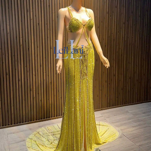 Robe de soirée sirène sans manches de luxe pour femme, ornée de strass haut de gamme, en soie, élégante - Product Image 1
