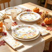 Vaisselle de fête sur le thème des feuilles d'érable et des citrouilles d'automne, décoration de fête jetable pour Thanksgiving, assiette, gobelet et serviette en papier