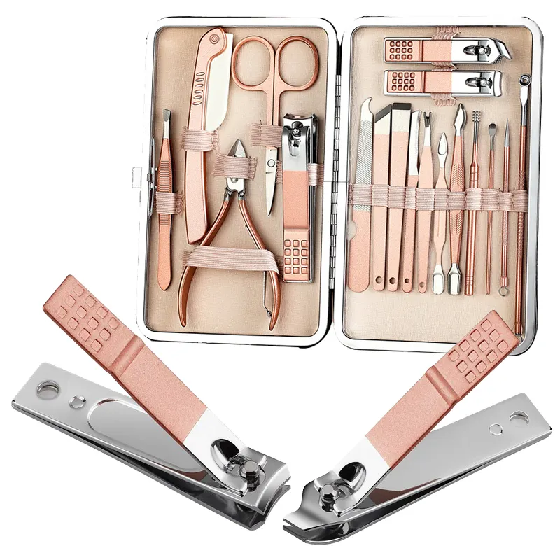 Vente en gros, 18 pièces, Mini ensemble de manucure de voyage, ensemble de coupe-ongles en acier inoxydable, kit de soins de pédicure avec étui rose