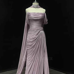 Robe de soirée sirène violette Nt19 à sequins et strass sur les épaules, en mousseline fendue, pour bal de promo, fête, invitée de mariage, événements formels, avec plumes - Product Image 6