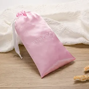 Bolsa de satén rosa brillante con impresión de logotipo personalizado para Lencería suave cordón para regalo de pelo embalaje bolsa de satén de seda para ropa